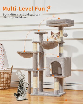 Котячий комплекс Taoqimiao MS019W для кімнатних котів, 100 см, світло-сірий, плюшевий будиночок з 5 стовпчиками для дряпання, 2 гамаки, помпони, для кошенят