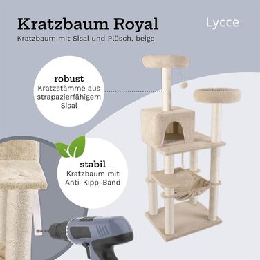 Когтеточка-комплекс Lycce Kratzbaum Royal 145 см: багатоярусна з 10 когтеточками, гніздом, гамаком, 4 платформами, плюшевим м'ячиком, бежева, стабільна, економна
