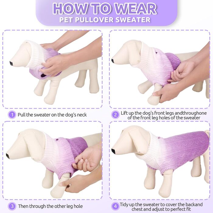 Пуловер для собак CITE TOILE, теплий зимовий, м'який, зручний, з високим коміром, для холодної погоди, градієнт кольору, для маленьких та середніх собак, фіолетовий, розмір S
