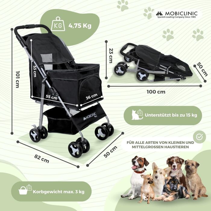 Візок для собак Mobiclinic® Pets, чорний, до 15 кг, з великим кошиком, 3 вікна, гальма, тримач для напоїв