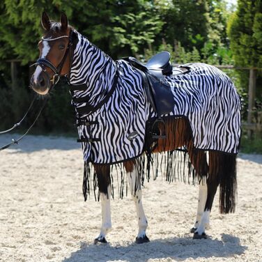 Деки для коней Marengos Zebra з бахромою, 155 см: захист від комах, з вирізом для сідла та начолею, чорно-білий колір, зовнішня деки для коней
