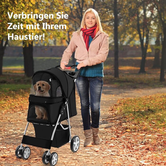 Візок для тварин GYMAX: розкладний візок для котів/собак до 15 кг, з кошиком для зберігання, захистом від дощу та сіткою, 4 колеса, чорний
