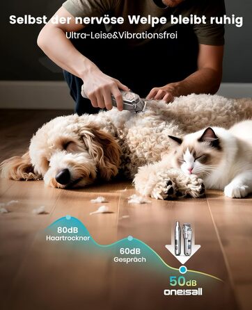 Машинка для стрижки собак Oneisall 4-в-1: стрижка, триммінг, шліфування кігтів. Підходить для собак та котів, тиха, професійна, 4 години роботи від акумулятора