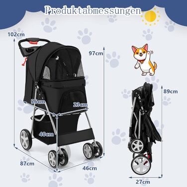 Візок для тварин GYMAX: розкладний візок для котів/собак до 15 кг, з кошиком для зберігання, захистом від дощу та сіткою, 4 колеса, чорний