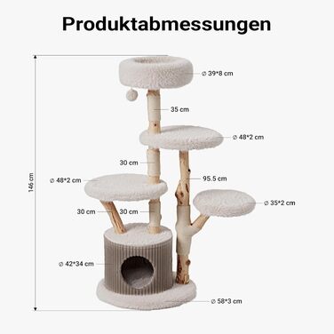 Дряпачка для котів Fudajo Forest Tree 137-146 см, ігровий комплекс у стилі натурального дерева з будиночком, ліжками та іграшковим м'ячем