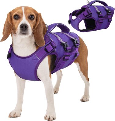 Жилет рятувальний для собак великих порід Kuoser, фіолетовий, з ручкою та світловідбиваючими елементами, регульований