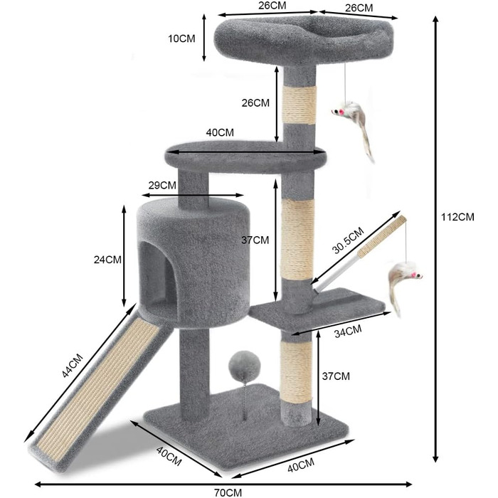 Кігтеточка Vounot - стабільний комплекс для котів з платформами, гніздом та мотузкою з сизалю, 115 см, сірий колір