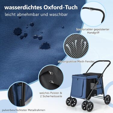 Візок для собак та котів GYMAX, складаний, до 40 кг, з кишенями та сітковими вікнами, універсальні колеса та ручка, блакитний