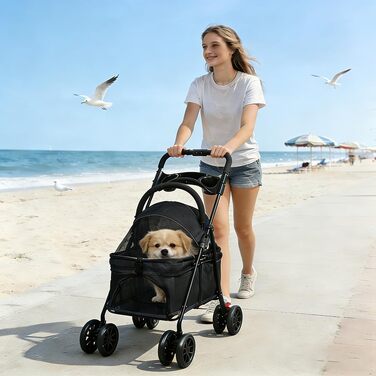 Дитяча коляска для собак та котів Homewell, складана, до 20 кг, з сумкою та підсклянником (Чорний)