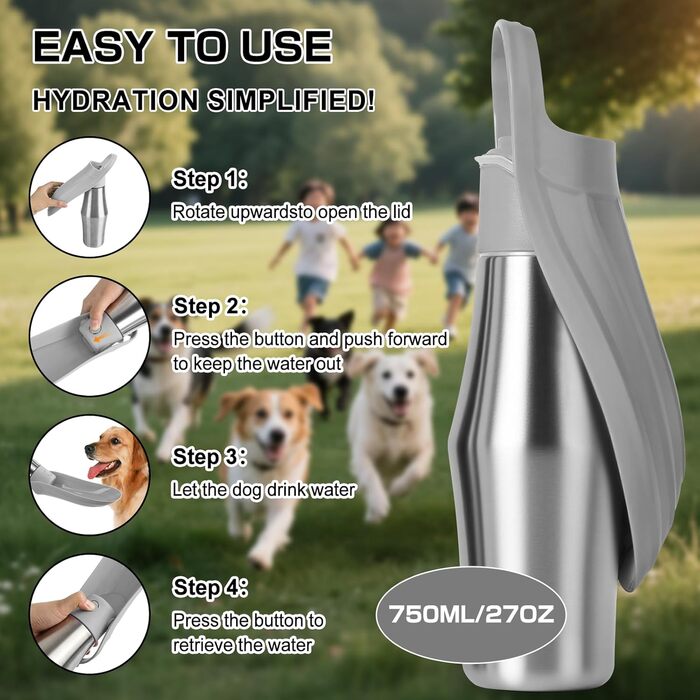 Водяна пляшка для собак на прогулянці 750 мл - не протікає, з нержавіючої сталі, з подвійними стінками, ізольована, сіра