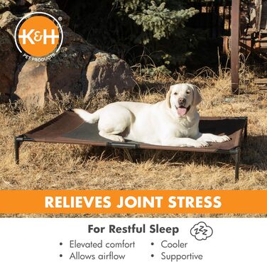 Охолоджуване собаче ліжко K&H Pet Products з піднятим бортиком для вулиці, з дихаючою сіткою, неслизькими гумовими ніжками, портативне (Шоколад/Чорна сітка, L 142 x B 97 x H 23 см)