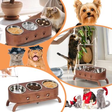 Набір мисок для котів JAZUIHA (3 шт.) з підняттям, ергономічні, 15° нахил, регульована висота, дерев'яний підставник, нержавіюча сталь Ø12 см, темно-коричневий