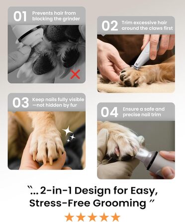 PAPMINI 2-в-1 триммер для когтів та стрижка когтів для собак, безшумний, акумуляторний, для великих, середніх та маленьких собак, білий