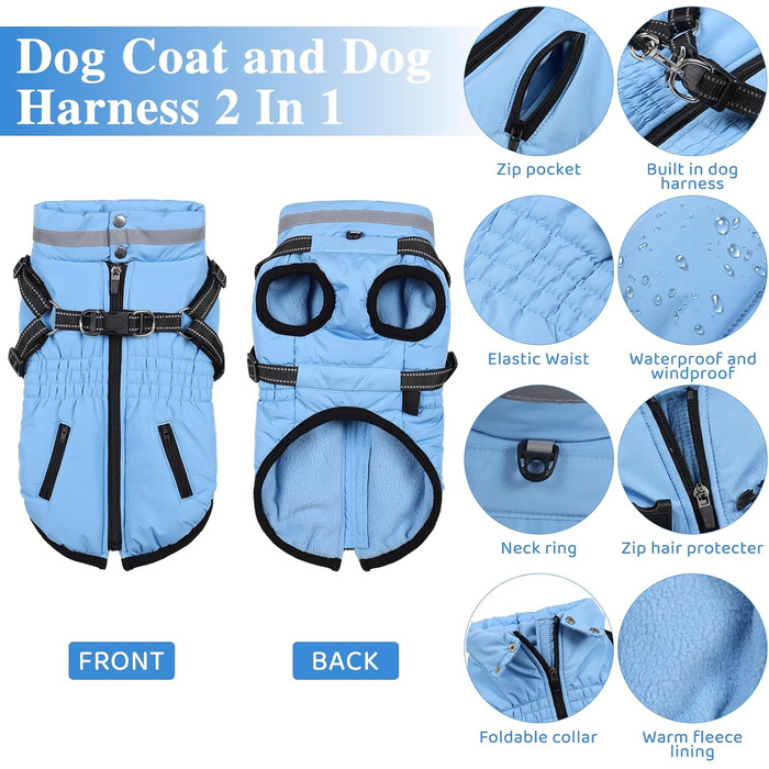 Водонепроникний зимовий одяг для собак Poseca з інтегрованим нашийником, теплий, для маленьких, середніх та великих собак, блакитний