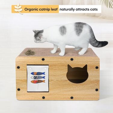 Картонний будиночок для котів Furjoy з когтеточкою, лежаком і котячою м'ятою, для домашніх котів, 53×30×28 см, плед, легко монтується, стильний декор