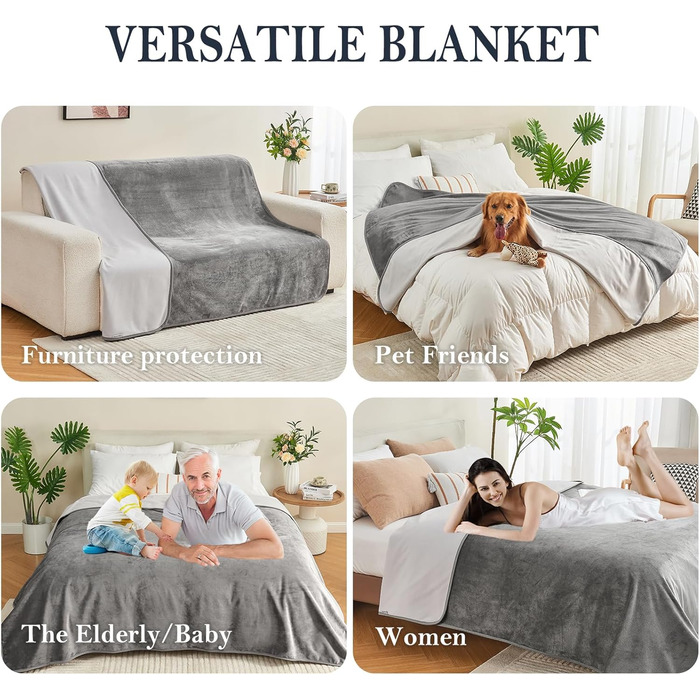 Водонепроникний плед 152x203 см для дорослих, собак, котів, захист меблів, сірий/світло-сірий