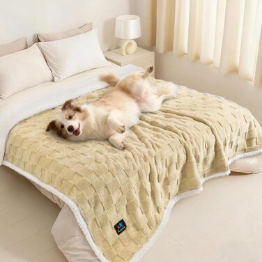 Водонепроникний коврик для собак Luciphia, великий розмір, Sherpa Fleece, двосторонній, захист ліжка та меблів, бежево-коричневий (85x57 дюймів)