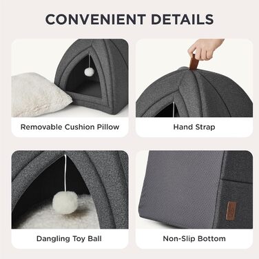 Кішка ліжко BEDSURE велике, 40x40x40 см, кішка печера, знімний плед Sherpa, іграшка, миється, темно-сірий