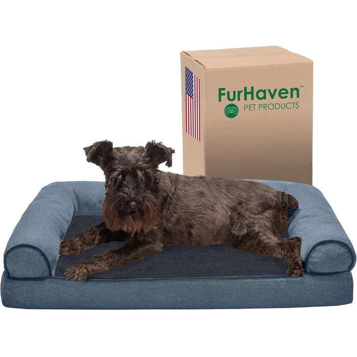 Ліжко для собак середнє Furhaven з меморі пінною, диван Sherpa & Chenille, знімний та праний чохол, синє