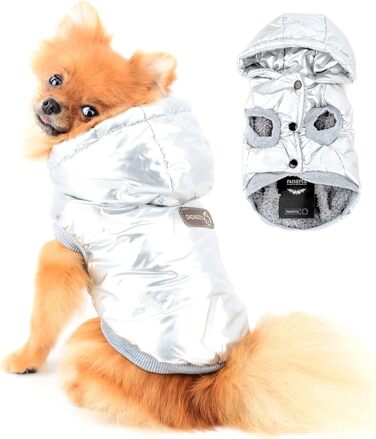 PAIDEFUL Зимовий теплий пуховик для собак - куртка з капюшоном для маленьких собак, чихуахуа, котів. Розмір M, сріблястий колір. Водонепроникний, вітрозахисний. Довжина спини 25 см, обхват грудей 37 см.