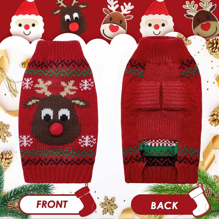 Пуловер для собак SlowTon на Різдво з оленем - теплий зимовий костюм для маленьких та середніх собак, червоно-білий (M)