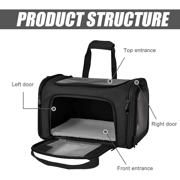 Транспортна переноска для котів WIYETY: переноска-торба для котів та маленьких собак, 3-6 кг, чорна, складана