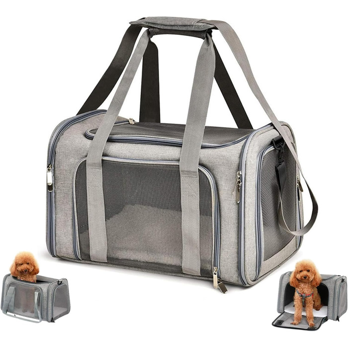 Транспортна сумка для кота/собаки з плечовим ременем, переноска для тварин до 7 кг, складна, дихаюча, сіра (45x30x30 см)