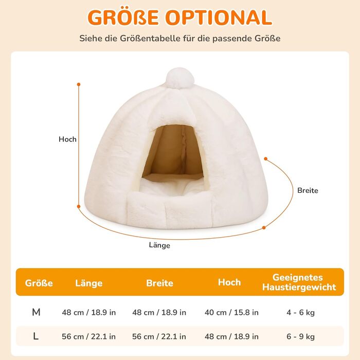 Кішка/Песик Іглу Будинок-Гніздо ALLSOPETS з Знімним Матрацом, Теплий та М'який Дім для Собак та Кішок (Сніжно-Білий, L)