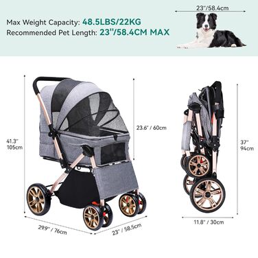 Візок для собак та котів YITAHOME, складаний, до 22 кг, сірий