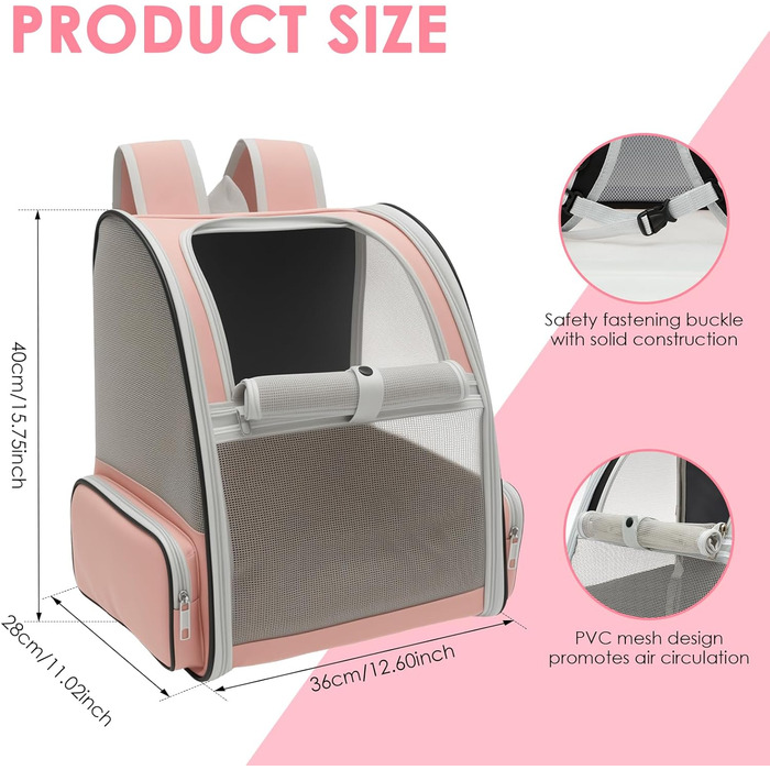 Складаний рюкзак для котів та собак, рюкзак-переноска з сіткою, м'яка підстилка, до 6,8 кг, дихаючий, для подорожей, прогулянок (рожевий)
