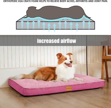 Ортопедичне ліжко для собак Patas Lague, велике, 91,4 x 61 см, м'яке, водонепроникне, з піною, знімний, пральний чохол, антиковзаюча підставка, рожевий колір, розмір L:36x24x3.5 IN