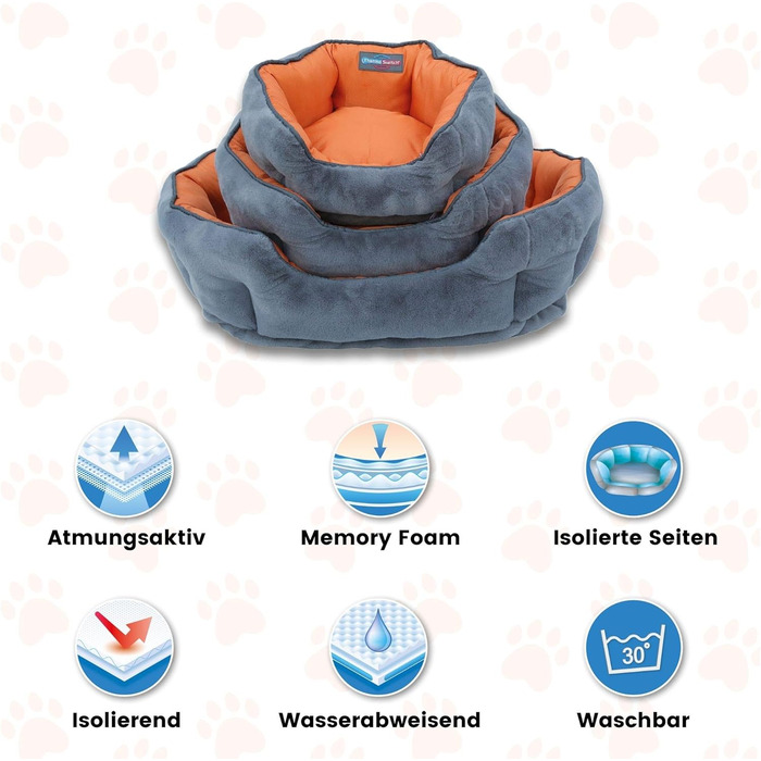Ортопедичне ліжко для собак Santorini - ізольоване двостороннє ліжко з ефектом пам'яті, знімає навантаження на суглоби, підходить для осені та зими (M - 60 x 50 x 20 см, помаранчевий / сірий)