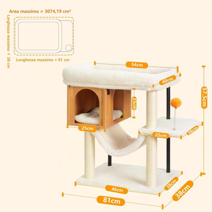 Котячий будиночок з дряпалкою Heybly HCT017WB з великою плюшевою платформою 54 x 40 см та висотою 57.5 см, сталеві труби, стійка основа для великих котів