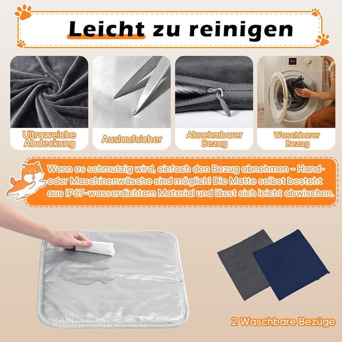 Килимок гріючий для тварин 45x45 см – підігрівальний килимок для собак та котів, 30–60°C, таймер 14 год, захист від перегріву, міцний кабель 1,8 м, 2 знімні чохли, регулювання температури