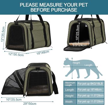 Складана переноска для котів і собак Petsfit, розширювана авіа-сумка з оксфордської тканини, з плечовим ременем, зелена, середній розмір, для подорожей