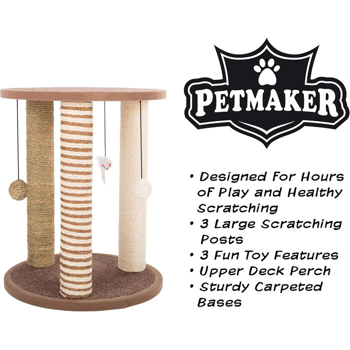 Дряпак для котів PETMAKER, 3 стовпи з килимовим покриттям, ігровий майданчик та сідало, захист меблів, для домашніх котів, великий, коричневий