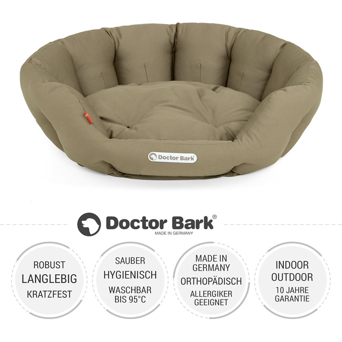 Кругле ліжко для собак Doctor Bark - м'яке собаче гніздочко для середніх собак з ортопедичною подушкою та іграшкою-кісткою. Можна прати до 95°C. Зроблено в Німеччині (L - 60x50 см, золотисто-коричневий)