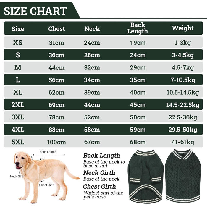 Теплий в'язаний пуловер для собак великих порід (зелений, розмір L) - Французький бульдог, Лабрадор, Німецька вівчарка