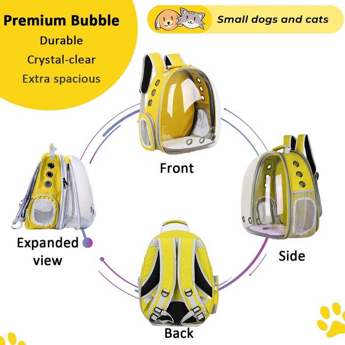 Розширюваний рюкзак для котів та собак, переноска-рюкзак з прозорим вікном та блискавкою, для подорожей та піших прогулянок (Жовтий)