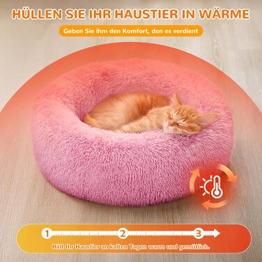 ALLSOPETS заспокійливе ліжко для собак і котів, плюшевий круглий лежак 70 см, нековзке дно, для малих і середніх порід, рожевий, пране