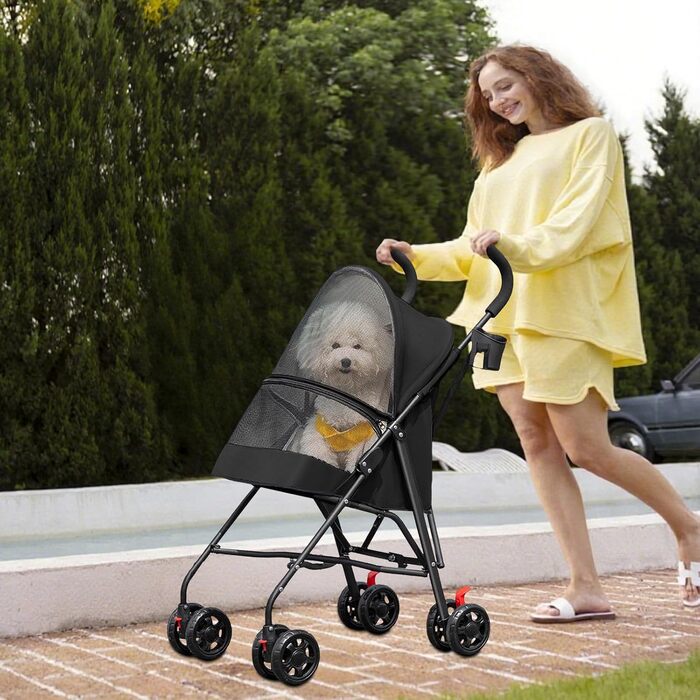 Дитяча коляска для собак та котів, складана, чорна, до 20 кг, з гальмами, великий кошик, 3 вікна, тримач для напоїв, 97 x 45 x 55 см