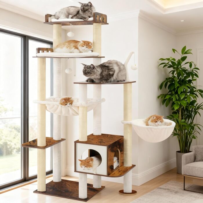 Дерев'яний котячий комплекс Heybly Kratzbaum HCT121WB (Vintage-Braun), 179 см, з будиночком, гамаком та сизалевими стовпчиками