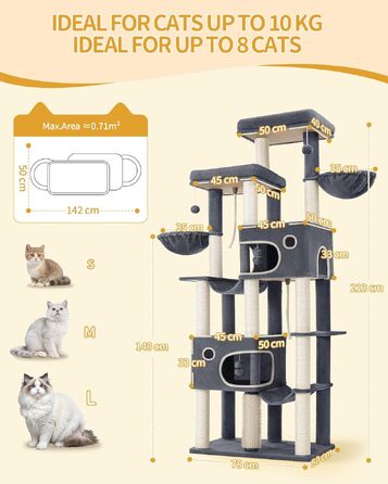 Комплекс для котів Hzuaneri Kratzbaum 213 см XXL: Дряпка-стовпчик, будиночок, платформа, гойдалка для Maine Coon (темно-сірий)