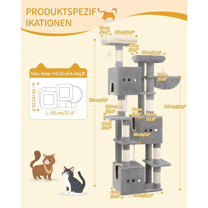 Великий котячий будиночок-кліматизатор, 193 см, XXL, 7 стовпчиків для дряпання, 3 будиночки, 2 платформи, 2 іграшкові кульки, кошик, мотузка для лазіння, багатоповерховий, сірий, MS19218LG