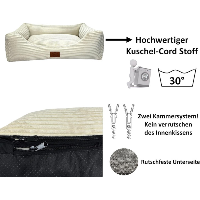 Ортопедичне ліжко для собак Elropet з м'якого корду, кошик для собак, XS/S/M/L/XL, кремовий (100x80x24 см)