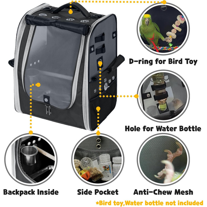 Переносна сумка-рюкзак для птахів Birds Day з кліткою для папуг, 2 жердочками та годівницею, піддон з нержавіючої сталі (темно-оливковий зелений)