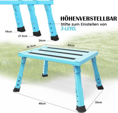 Алюмінієва розкладна сходинка-підставка, 300 кг, 3 сходинки, регульована висота, широка антиковзна поверхня, для автодому, саду та сходинок для собак, легка та складна (Блакитна)