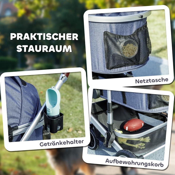 PawHut Коляска для собак 3 в 1 Dog Buggy Складна для собак і кішок до 10 кг Cat Buggy з подушкою Підстаканник Сітка Вікна Двері Кошик для зберігання Котяча коляска Баггі Dark Blue | Аосом