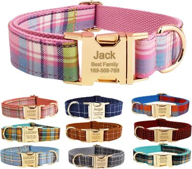 Персоналізоване собаче ошийник з металевою застібкою, двостороннє оксамитове ошийник з іменем та номером телефону, регульовані розміри для малих, середніх та великих собак (тартан)