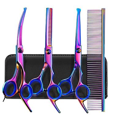 Професійна 5-в-1 шерстьрізачка для собак, 4CR з круглою безпечною насадкою, пряма, філірувальна та вигнута ножиці, гребінець з нержавіючої сталі